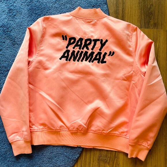 NWOT Pink Satin "Party Animal" Bomber Jacket Size Medium - Picture 1 of 4